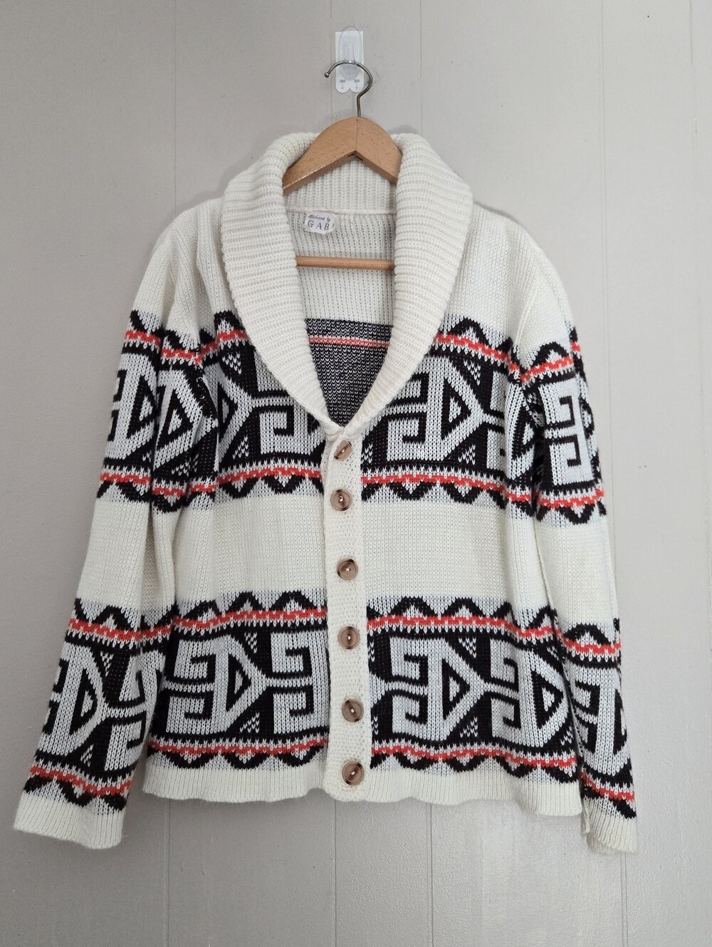 Vintage Vtg Shawl-collar Cardigan Southwestern Geometric Pattern Cowichan-style